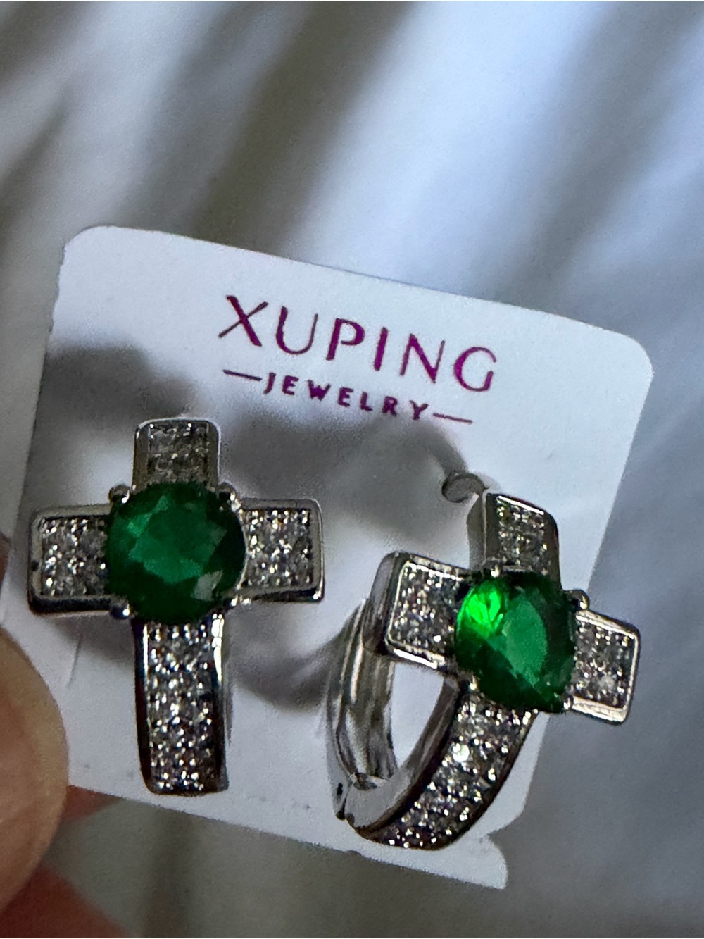 Xuping Green Gem Cross Hoop Earrings in Silver Tone
